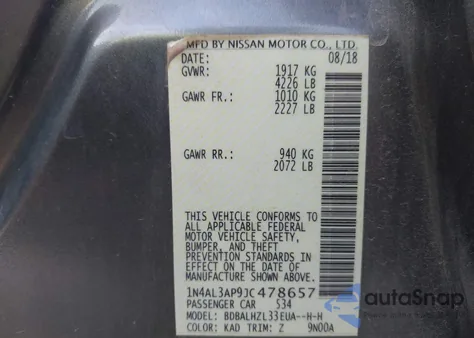 2018 Nissan Altima 2.5 Sr z USA, uszkodzony, nr VIN 1N4AL3AP9JC478657